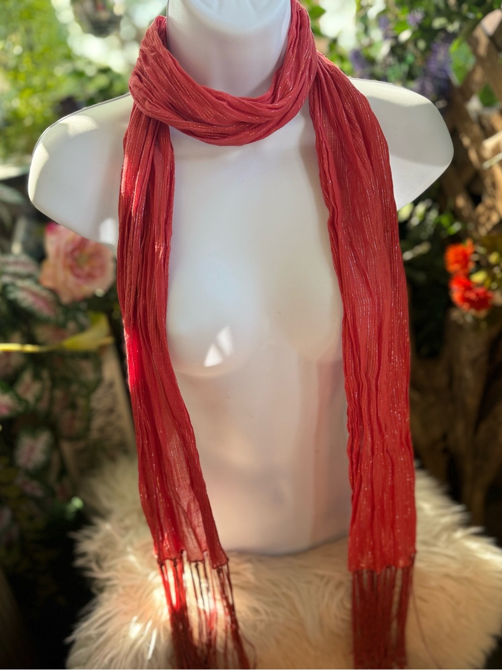 Red Lightweight Shimmery Fringe Scarf - Women's Accessory